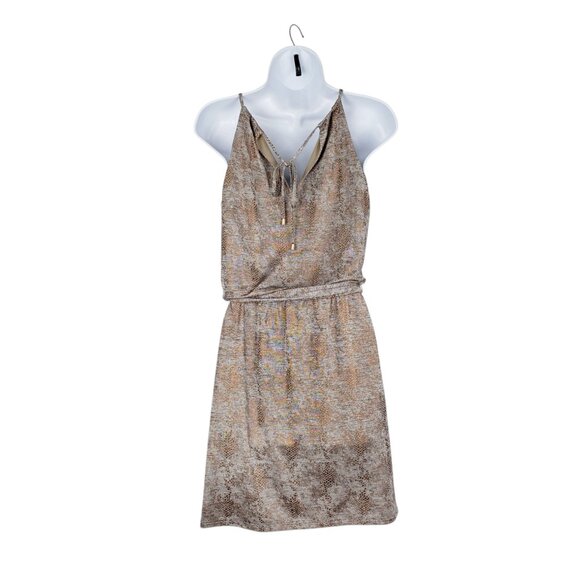 WHBM NWT Blouson Dress XXS Snake Print Bronze Foil Halter Kyhl Neck Sleeveless - Picture 2 of 8